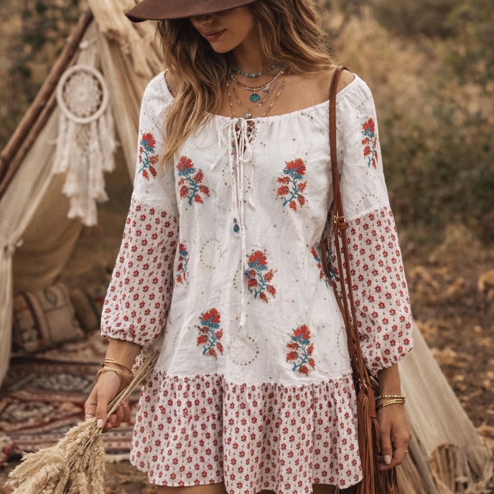 Sundance white embellished peasant tunic dress size small